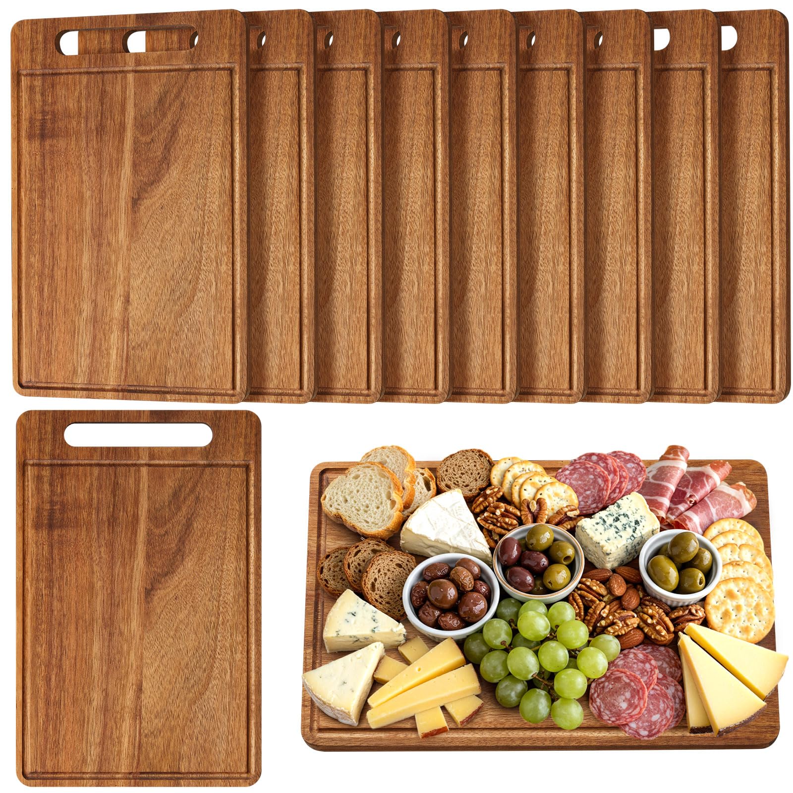 Nuenen 10 Pcs Bulk Wood Cutting Board with Handle 12 x 7.8 Inch Acacia Wooden Kitchen Serving Chopping Boards for Pizza, Bread, Charcuterie, Fruit, Vegetables(Acacia)