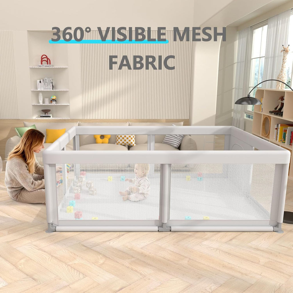 Skiennix Baby Playpen - Breathable Mesh Indoor & Outdoor Play Yard for Toddlers - Grey