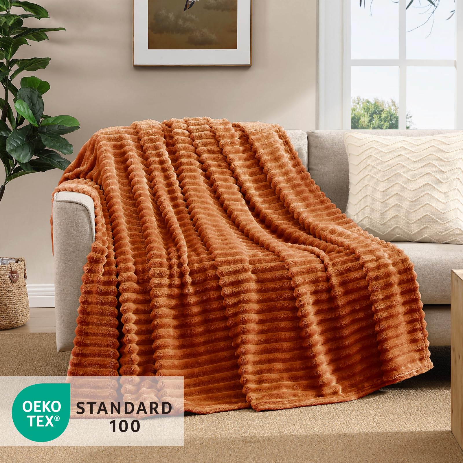 Geniospin Throw Blanket for Couch, Bed, Sofa – 280GSM Super Soft Lightweight Blanket with Stripe, 3D Ribbed Jacquard Blanket, Plush Fuzzy Cozy Throws, Warm and Breathable (Burnt Orange, 50x60 inches)