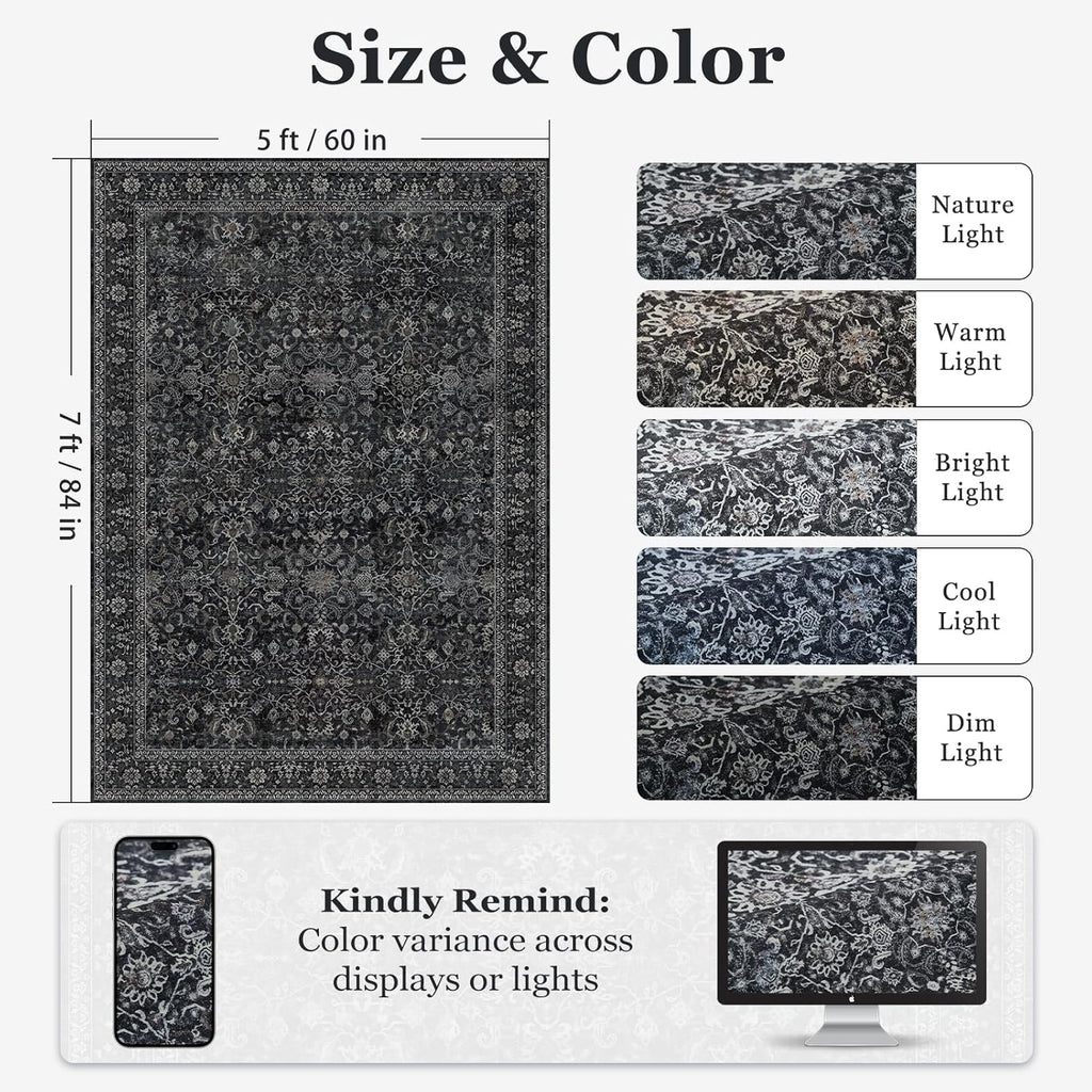Skiennix Dark 5x7 Area Rug - Washable Non-Slip Soft Carpet for Living Room & Bedroom | Vintage Earth Tones