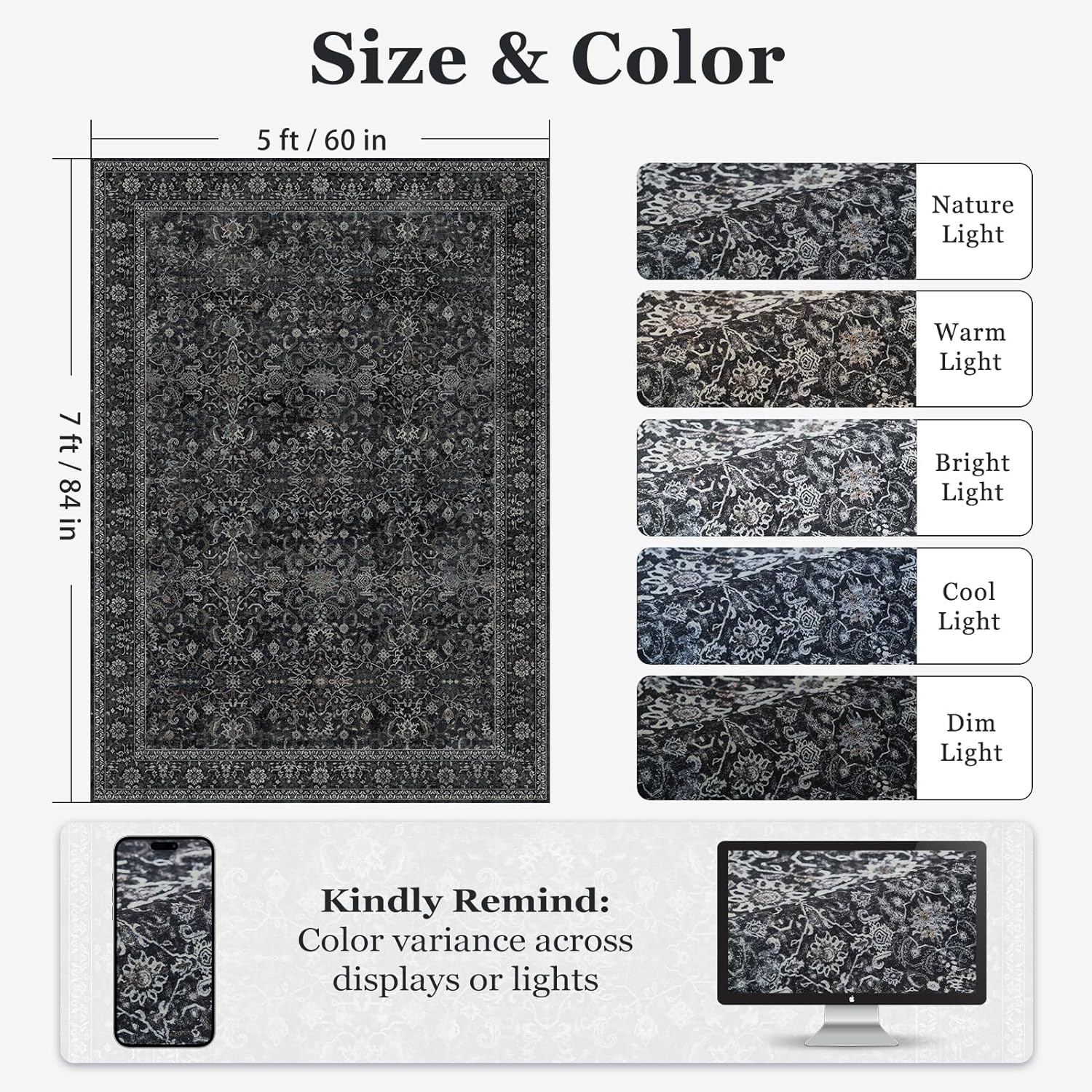 Skiennix Dark 5x7 Area Rug - Washable Non-Slip Soft Carpet for Living Room & Bedroom | Vintage Earth Tones