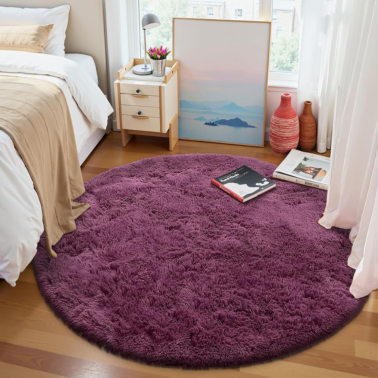 OLANLY Round Burgundy Area Rug - Soft, Fluffy, Machine Washable 5 ft Circle Carpet for Bedroom & Living Room Decor