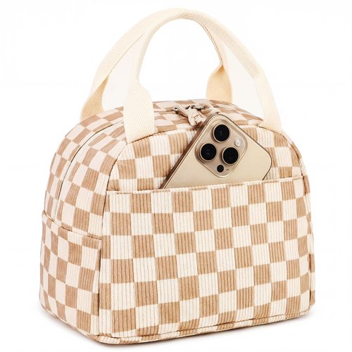 LEDAOU Insulated Lunch Bag women Corduroy Small Lunch Box for Women with Front Pocket Leakproof Cooler Checkered Cute Adult Gilrs Lunch Box for Work School Picnic