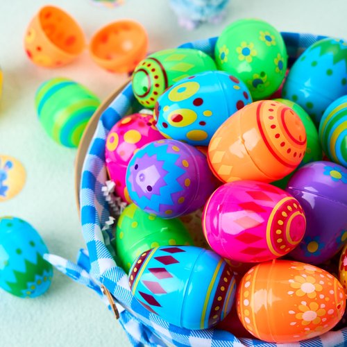 JOYIN 50 Pcs Plastic Printed Bright Easter Eggs 2.3" Tall for Easter Hunt, Basket Stuffers Fillers, Classroom Prize Supplies, Filling Treats and Party Favor