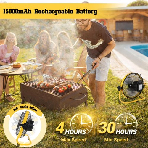 jdzhineng 12" Battery Operated Fan, 15000mAh Rechargeable Floor Fan with Metal Blades, Outdoor Cordless Fan for Camping, Travel, Home, and Emergency Use, Long-Lasting Runtime