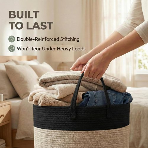 JMvicyroam Extra Large Blanket Basket - Woven Cotton Rope Laundry Hamper with Reinforced Handles | Black & Jute, Machine Washable Storage Bin for Pillows, Comforters & Toys