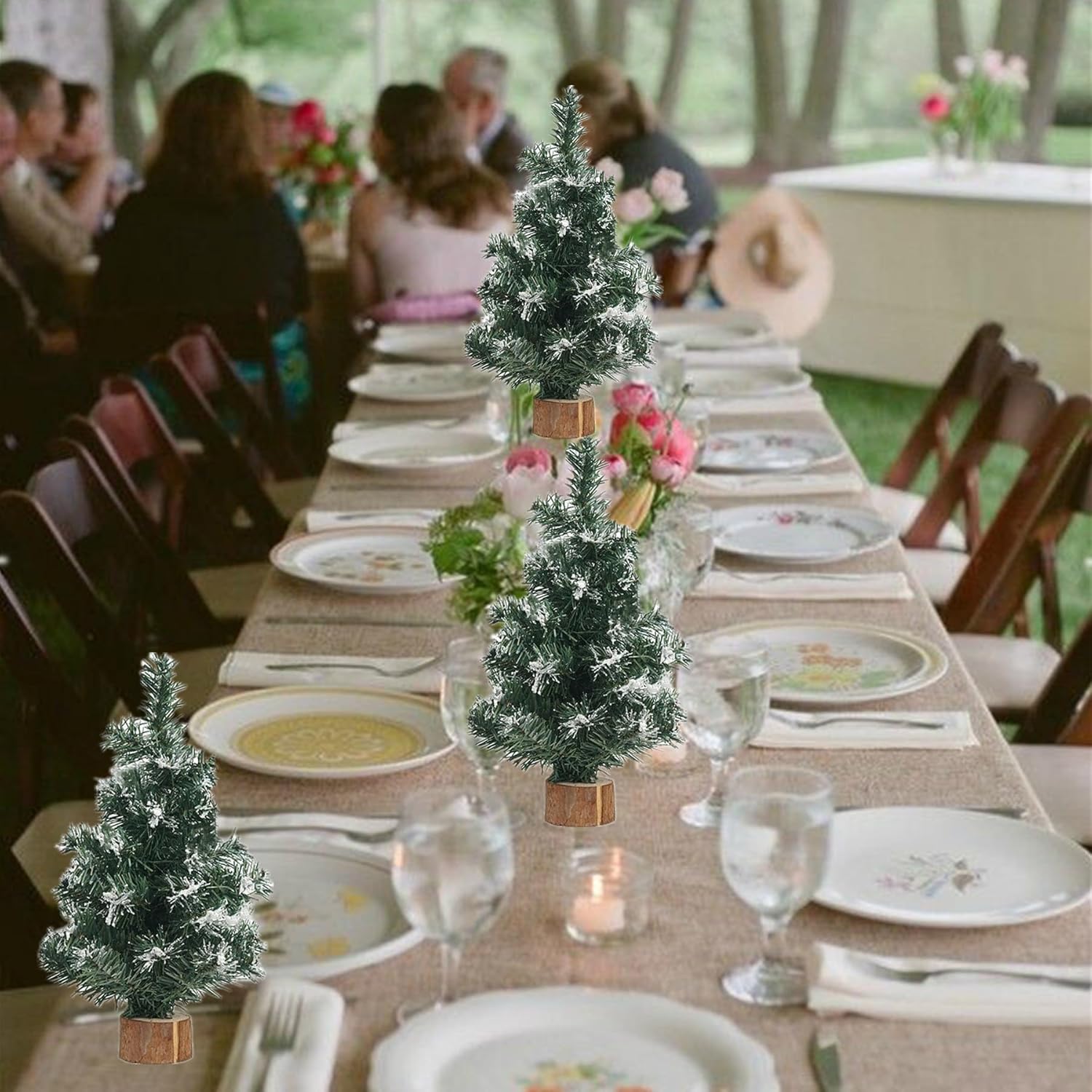 Skiennix Mini Christmas Trees - 4pcs Simulated Snow Pine Decor with Wooden Base | 7.87/11.81 Inch