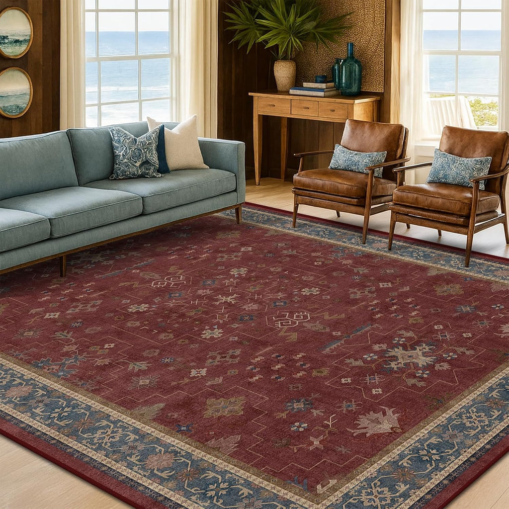 Regine Switzerland Vintage Burgundy Boho Dining Room Rug - Lightweight Washable 7x9 Soft Carpet