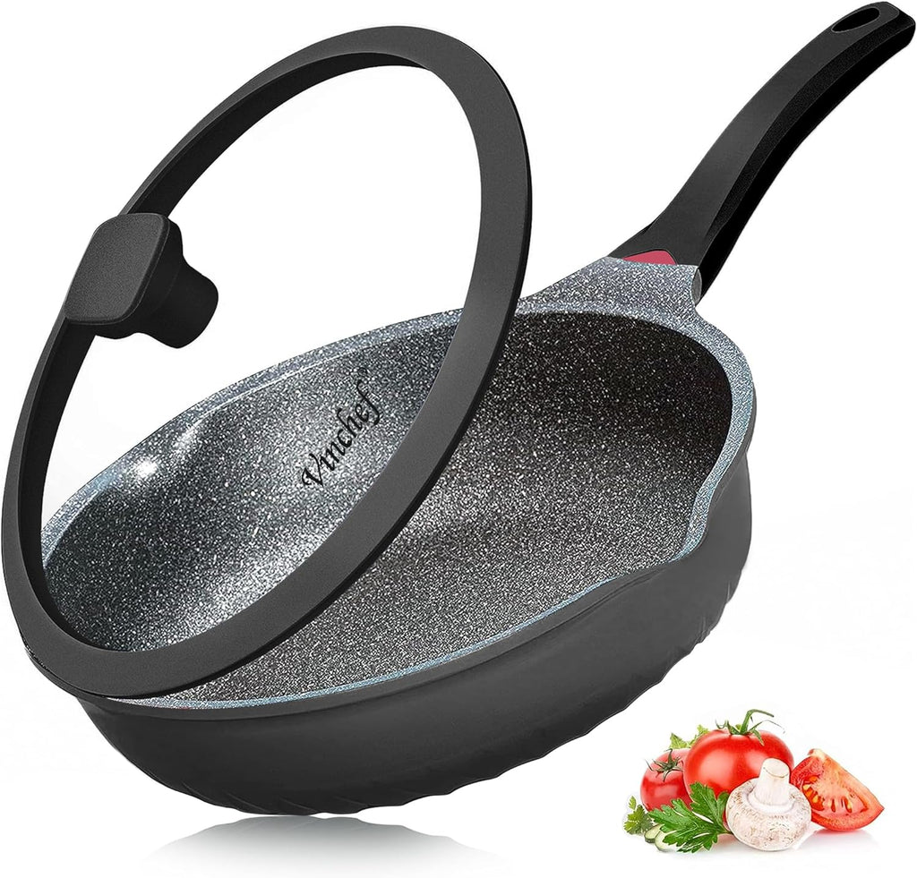 Vinchef Nonstick Skillet - 12.5-Inch Aluminum Deep Frying Pan with Lid & Heat Indicator | Scratch & Stain Resistant
