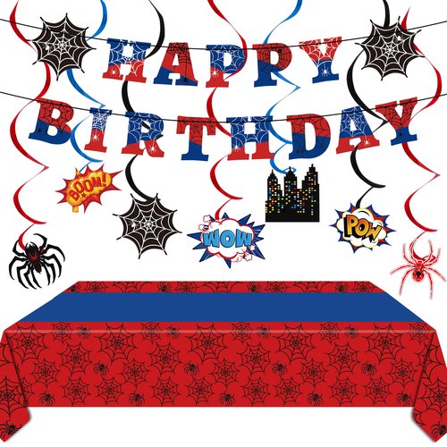 Spider Party Decorations Spider Web Themed Tablecloth Happy Birthday Banner Hanging Swirls for Baby Shower Spiders Birthday Party Supplies (Spider, Count, 3)