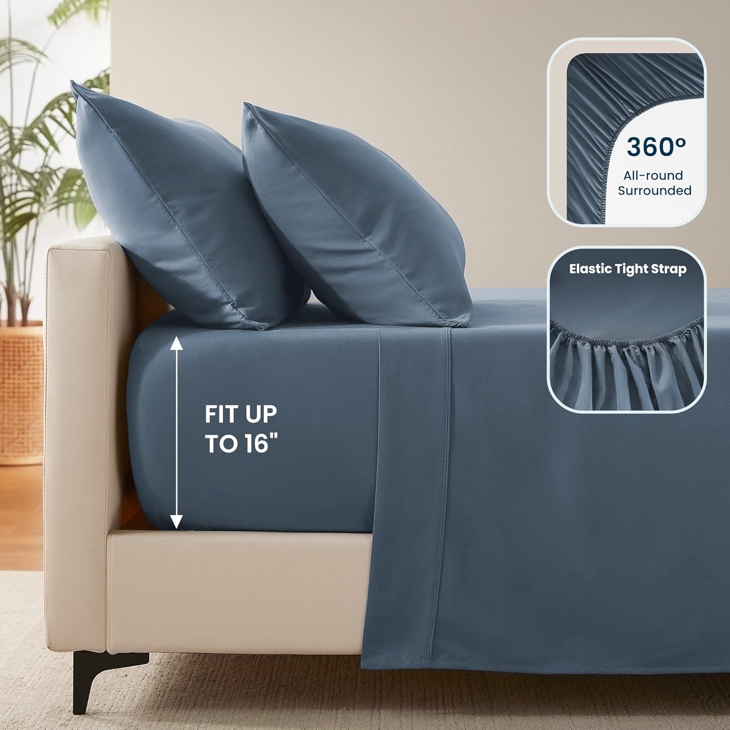 Sleep Zone Queen Sheet Set - Soft & Breathable 4-Piece Cooling Bed Sheets | Deep Pocket 16" (Flint Blue)