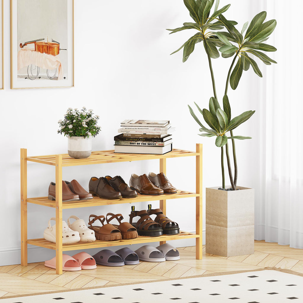 Toolola Bamboo Shoe Rack for Closet 3 Tier, Durable Wooden Shoe Rack, Space-Saving Stackable Shoe Organizer for Entryway, Dorm, Garage, Natural