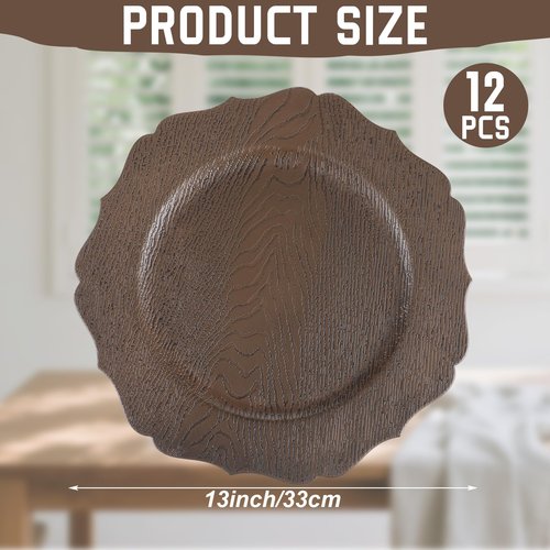 Mifoci 12 Pcs 13" Rustic Brown Wooden Textured Acrylic Chargers Plates with Scalloped Rim Round Faux Wood Chargers for Dinner Plates for Fall Thanksgiving Day Wedding Party Table Decor