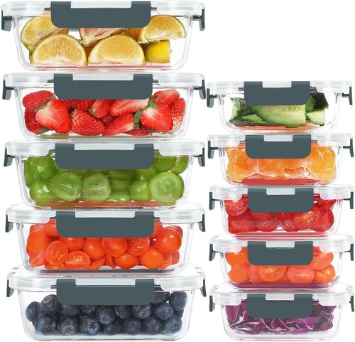 KOMUEE Glass Food Storage Containers - 10 Pack Airtight Meal Prep Lunch Boxes | Freezer, Oven & Microwave Safe