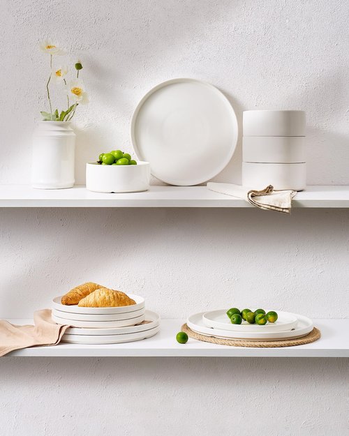 Famiware Porcelain Dinnerware Set, 12-Piece Modern Plate and Bowl Set, Dish Set for 4, Microwave and Dishwasher Safe Tableware, White