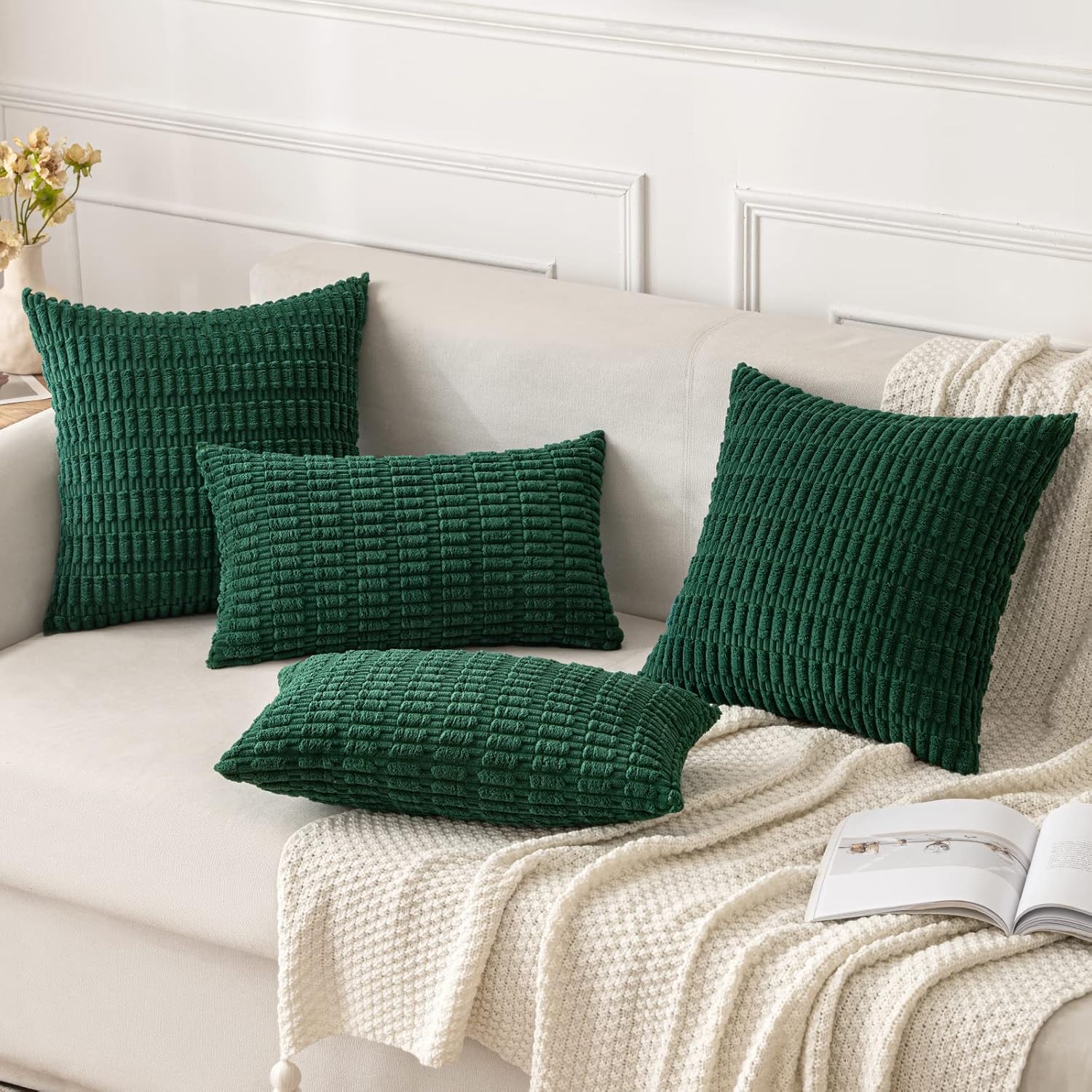 MIULEE Dark Green Corduroy Decorative Pillow Covers - Soft Boho Striped 18x18 Inch | Modern Farmhouse Decor