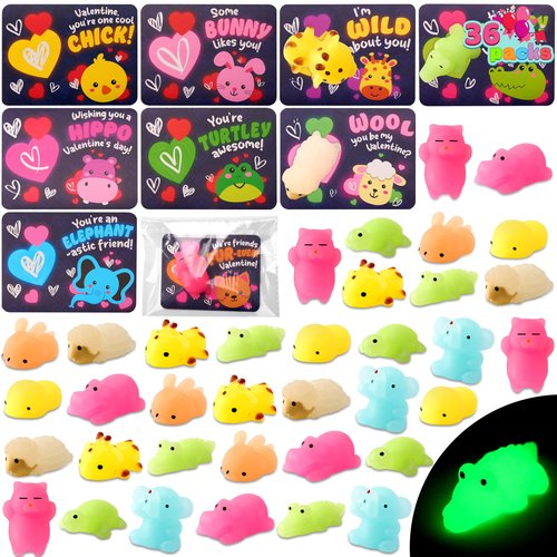 JOYIN 36 Packs Valentine‘s Day Gift Cards with Glow in Dark Mochi Squishy Toys, 9 Designs Stress Relief Fidget Toys, Glowing Squeeze Toy for Kids Valentine's Party Favors and Classroom Exchange