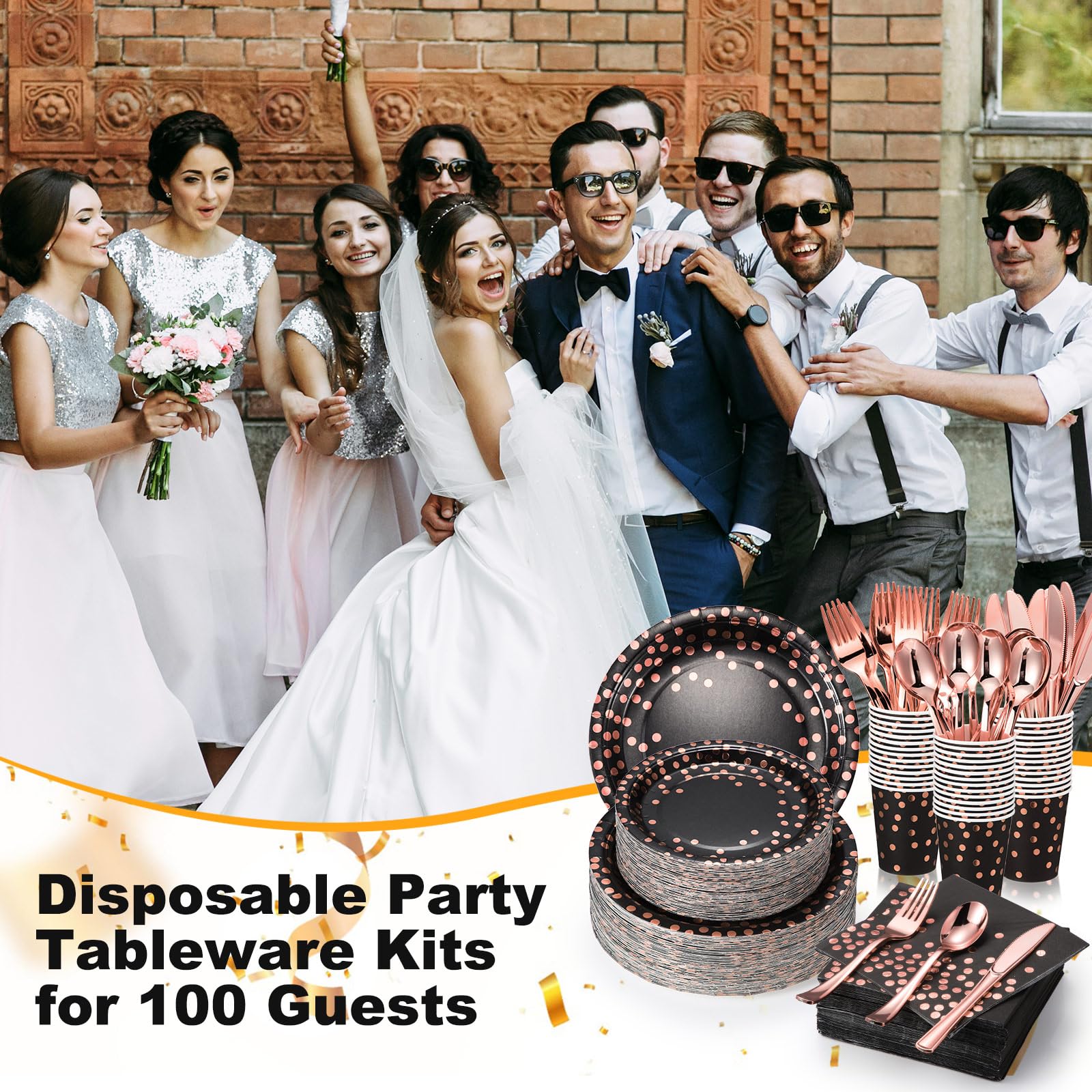 700 pcs Black and Rose Gold Party Supplies for 100 Guests Disposable Dinnerware Kits Black Rose Gold Paper Plates Napkins Cups Rose Gold Plastic Forks Knives Spoons for Birthday Wedding Party