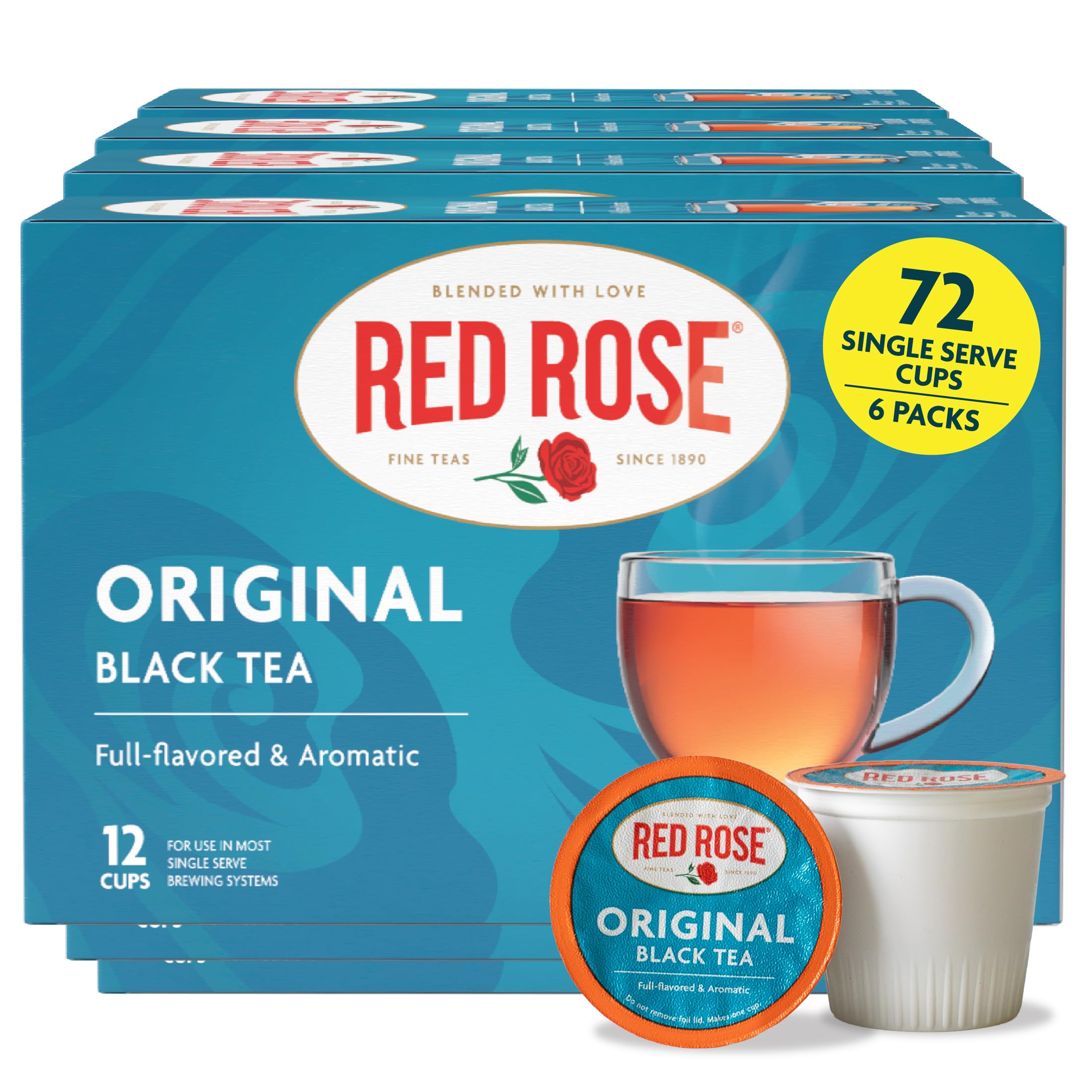 Red Rose Teas Black Tea, 72 Convenient Single Serve K-Cups, Pods for Keurig Coffee Maker, Blended To Create Our Original Premium Full-Flavored Black Tea, Contains 12 Single Serve Cups (Pack of 6)