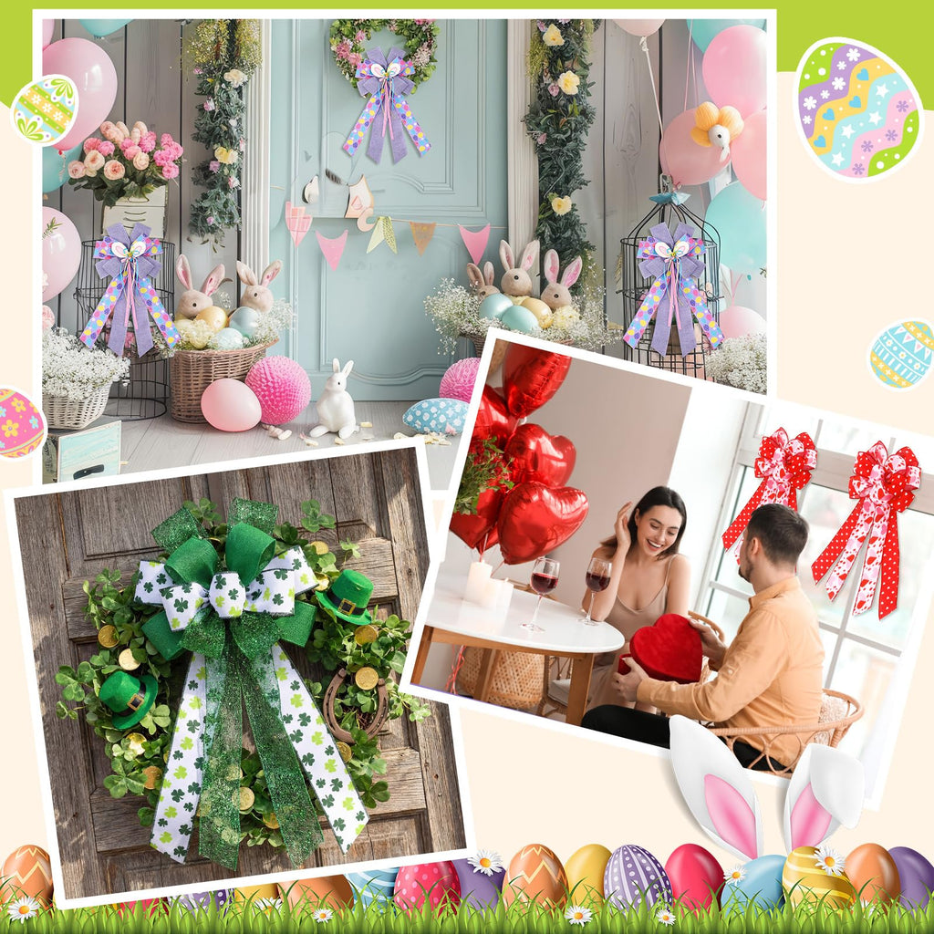 Suncalla 3 Pack Large Spring Holiday Wreath Bows Pre Tied Heart Shamrocks St. Patrick's Day Easter Egg Wired Ribbon Decorative Holiday Tree Topper Bow for Front Door Indoor Outdoor Decorations ()
