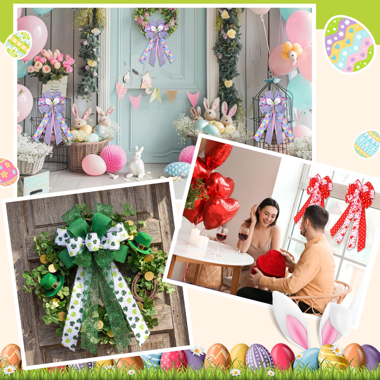 Suncalla 3 Pack Large Spring Holiday Wreath Bows Pre Tied Heart Shamrocks St. Patrick's Day Easter Egg Wired Ribbon Decorative Holiday Tree Topper Bow for Front Door Indoor Outdoor Decorations ()