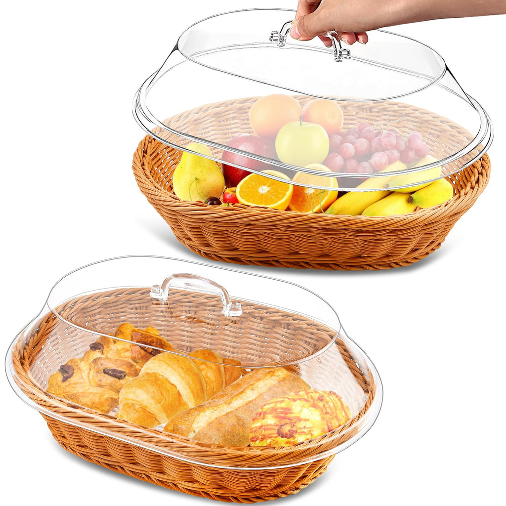 Milkary 2 Pack Wicker Bread Basket with Acrylic Lid, Imitation Rattan Bread Basket, Oval Woven Fruit Basket with Cover for Food Vegetables Display (13.78x9.84x5.91 In)