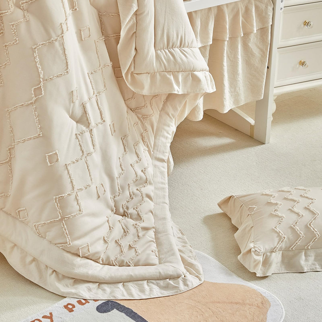 AIKASY The Ruffled Shabby Crib Bedding Set for Girls, Baby Quilted Comforter with Fitted Sheet, Bed Skirt, and Pillowcase.
