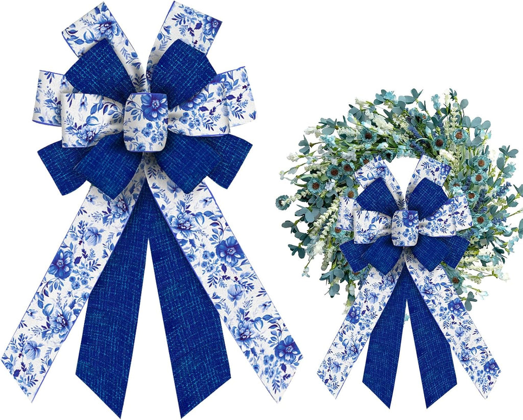 Skiennix Large Blue Spring Bows - Linen Flowers Burlap Ribbon for Wreaths & Decorations