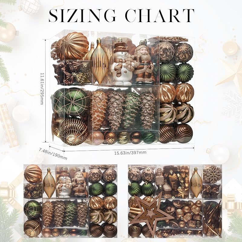 Earth Tone 179-Pack Christmas Tree Ornaments Set with Lanyard - Shatterproof Baubles & Snowmen, Santa, Pine Cones, Tree Topper