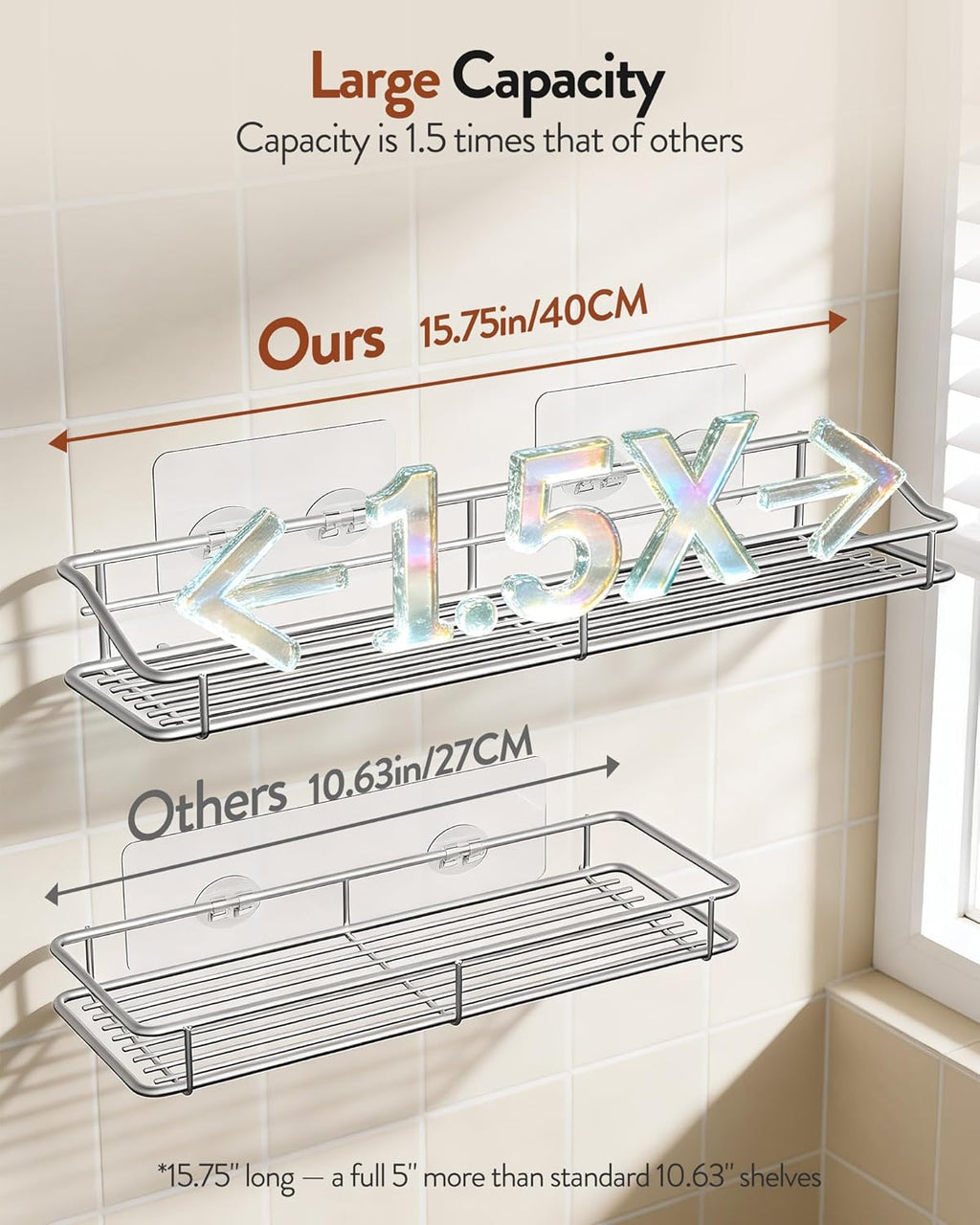Orimade Bathroom Shelf Organizer - Traceless Adhesive Shower Caddy | 15.75 Inch Silver SUS304 Stainless Steel