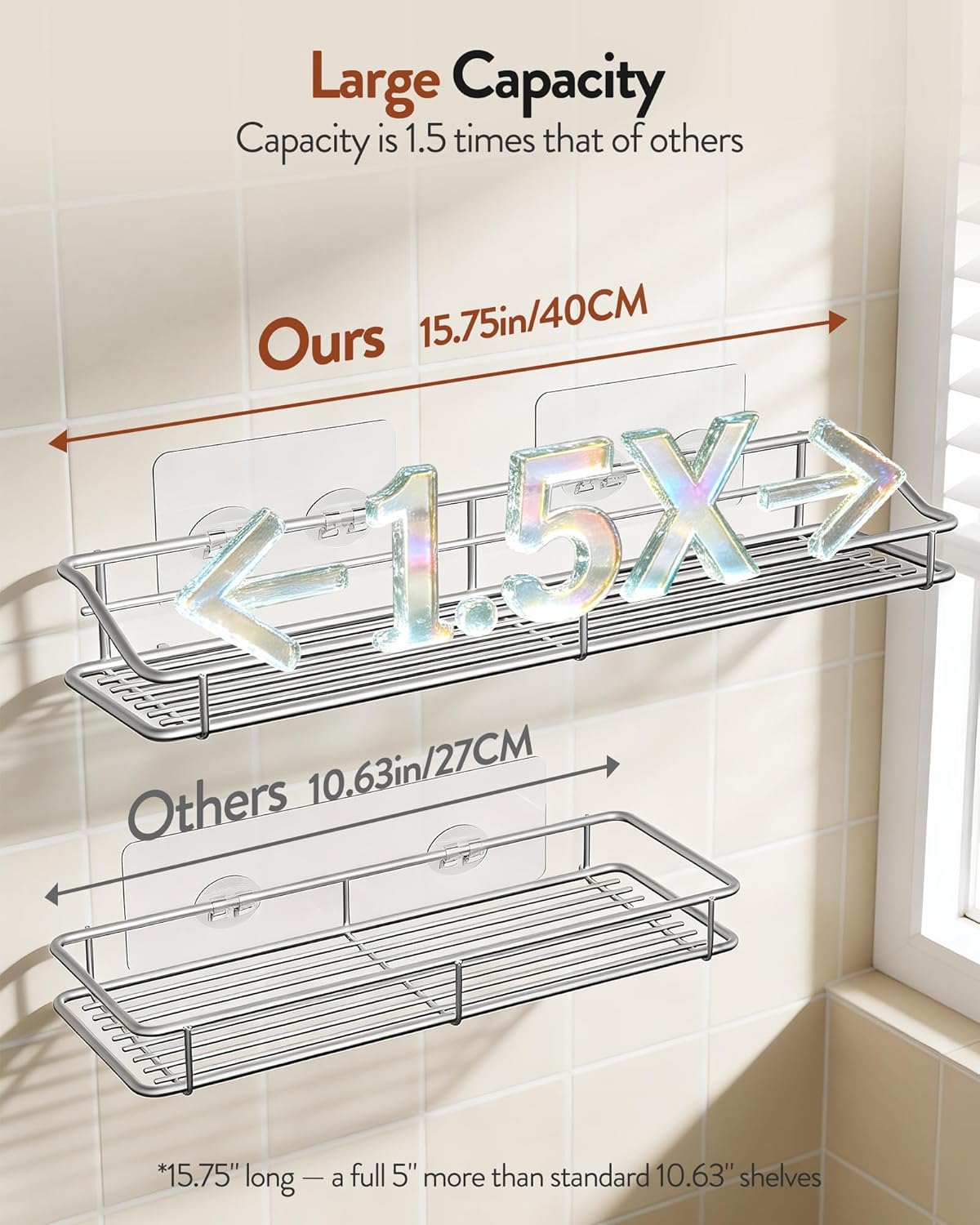Orimade Bathroom Shelf Organizer - Traceless Adhesive Shower Caddy | 15.75 Inch Silver SUS304 Stainless Steel