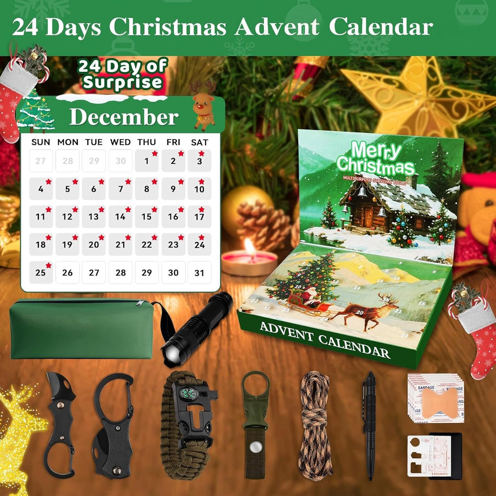SUNNINO Survival Kit Advent Calendar 2025 - 24 Days of Outdoor Gear for Men | Perfect Xmas Gifts for Camping, Fishing, Hunting