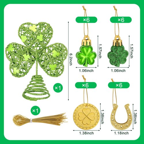 25 Pcs St. Patrick's Day Mini Tree Topper Ornaments Set, Miniature Irish Shamrock Tree Topper Hanging Clover Gold Coins, Irish Green Metal Glitter Tree Decorations for Party Supplies