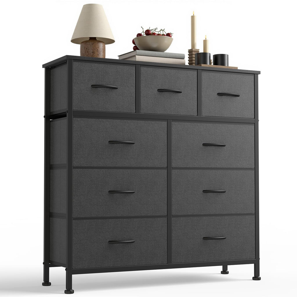 DUMOS 9 Drawer Dresser, Fabric Storage Organizer with Sturdy Metal Frame and Wooden Top, Modern Chest of Drawers for Bedroom Closet Entryway,Grey