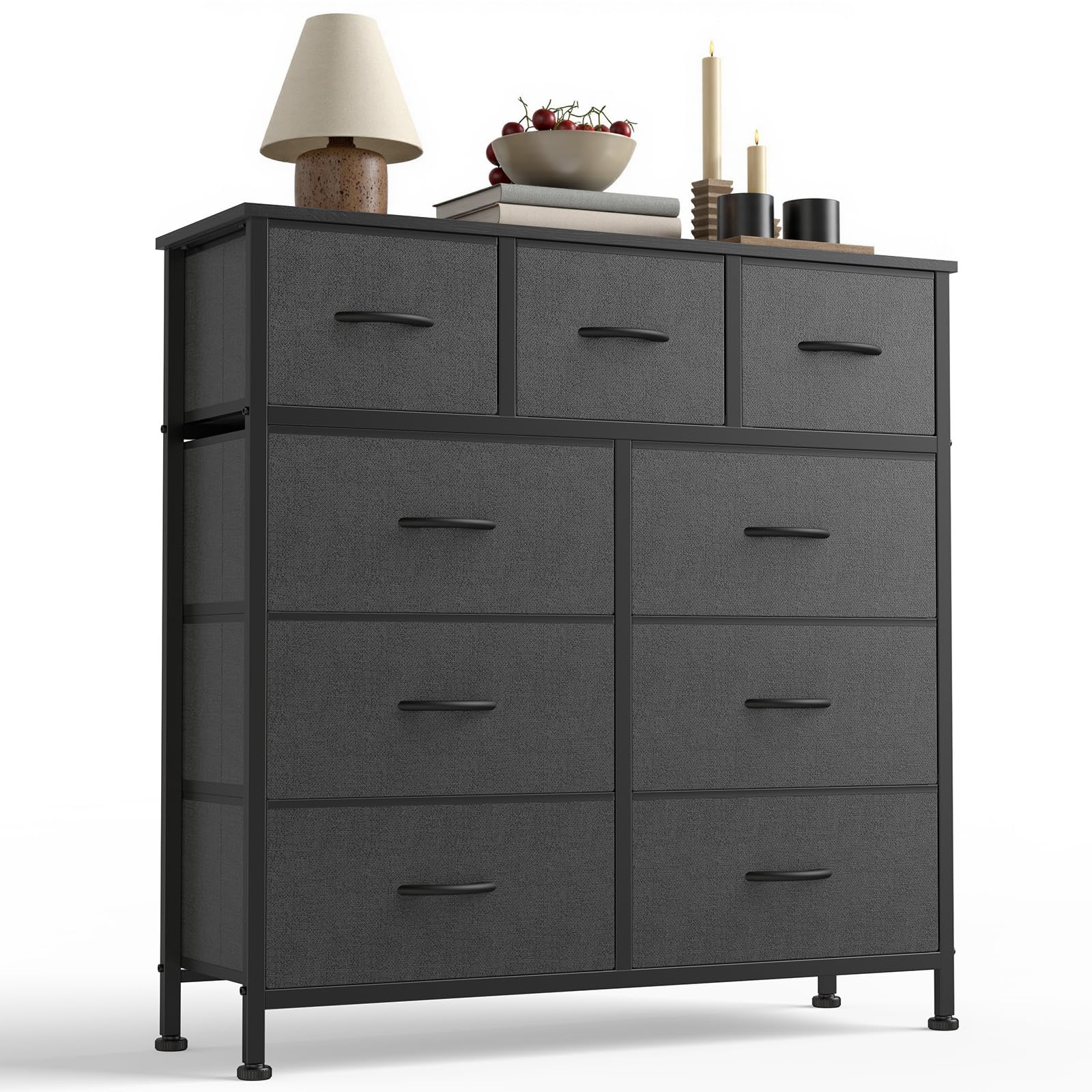 DUMOS 9 Drawer Dresser, Fabric Storage Organizer with Sturdy Metal Frame and Wooden Top, Modern Chest of Drawers for Bedroom Closet Entryway,Grey