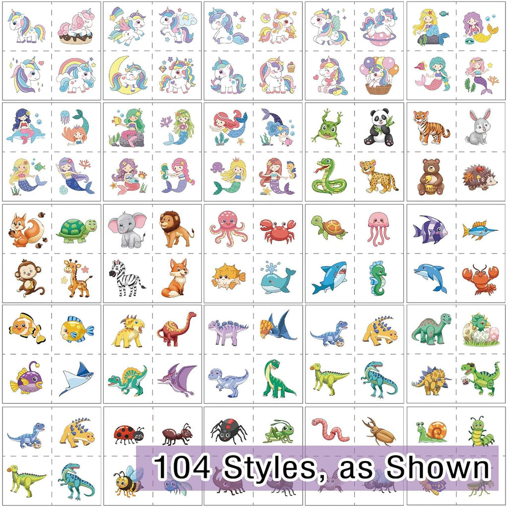 Skiennix 104 PCS Kids Temporary Tattoos - Fun Dinosaur, Unicorn & Mermaid Designs for Birthday Parties