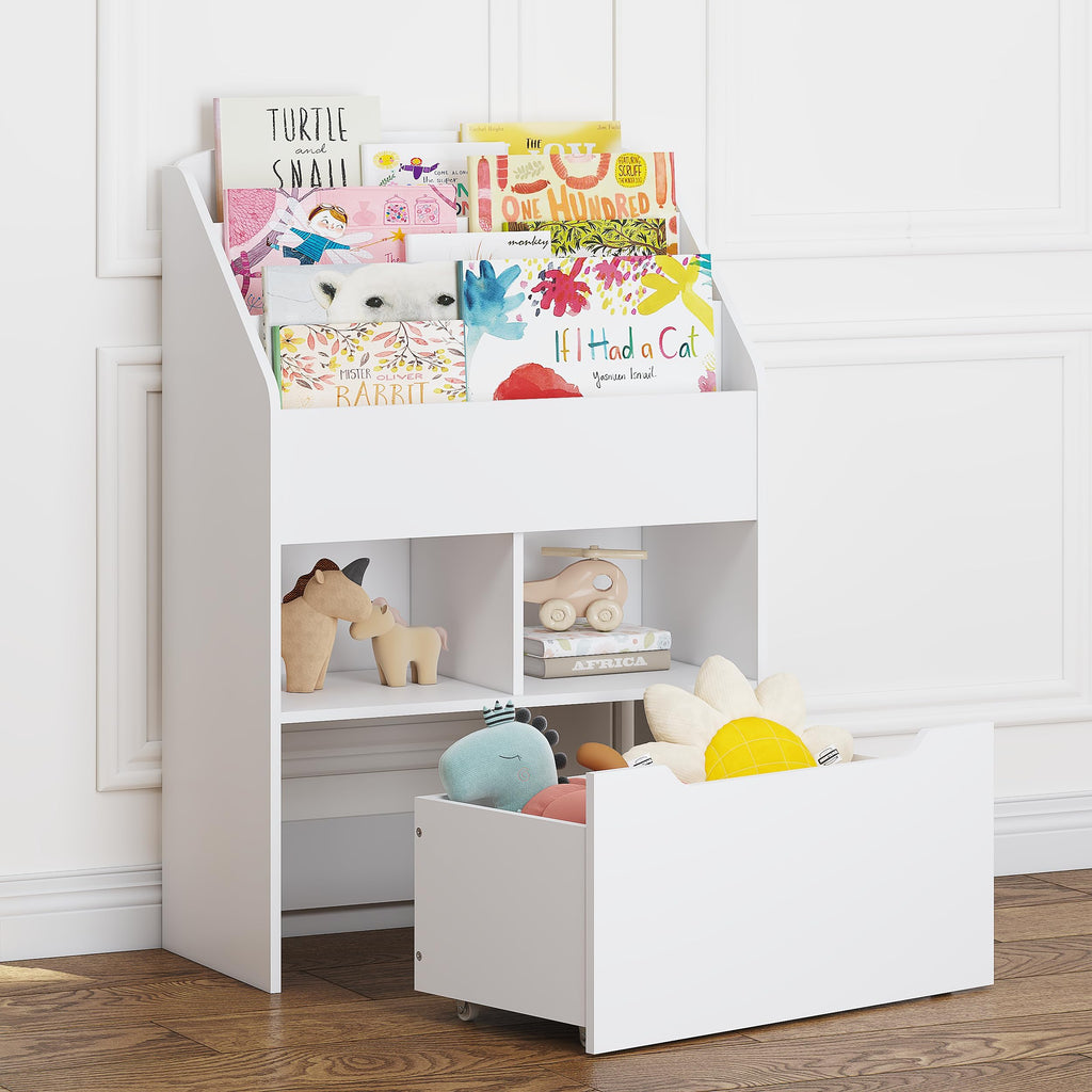 UTEX Kids Bookshelf with Movable Toy Box, Toddler Book Shelf and Toy Storage, Children Book Display Rack Toy Chest Combo for Kids Room & Nursery, White