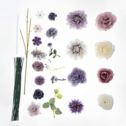 Khyxvbcd 30 Pcs Artificial Flowers Combo Purple Flowers Mix Silk Flowers Dahlia Roses with Stems for DIY Wedding Bridal Bouquets, Baby Shower, Floral Arrangement, Table Centerpieces, Home Decorations