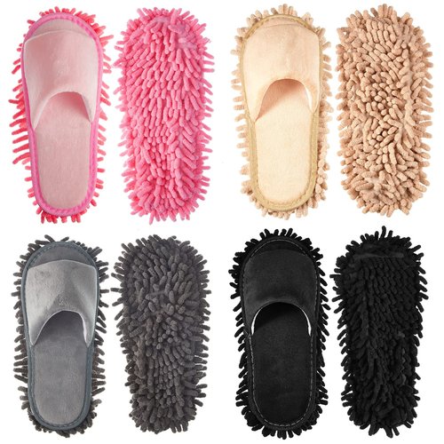 Jecery 4-Pair Washable Microfiber Mop Slippers - Detachable Dusting Shoes for Floor Cleaning, Office & Home Use - Suitable for Women & Men (Black, Beige, Pink, Gray,M Size)