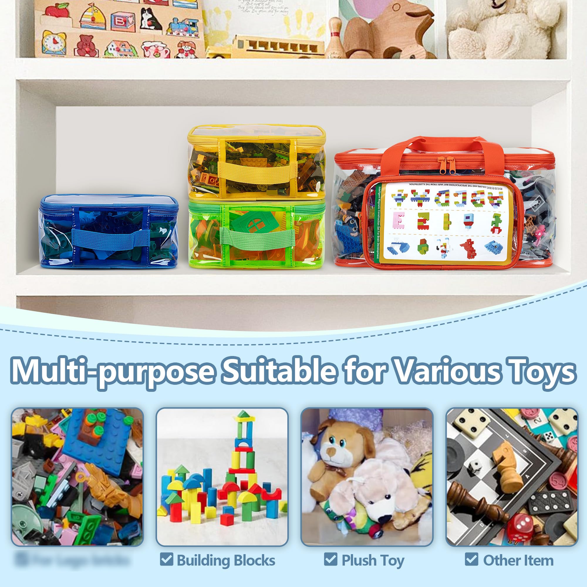 Rexmica 4 Packs Toy Storage Bag for Building Bricks, Waterproof Clear Toy Organizer Case for Magnetic Tiles, Board Games, Puzzles, Building Blocks Travel Carrying Bag