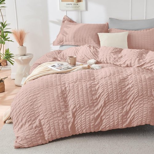HYMOKEGE Queen Comforter Set - Luxury 7-Piece Seersucker Bedding in Rose Gold & Light Grey