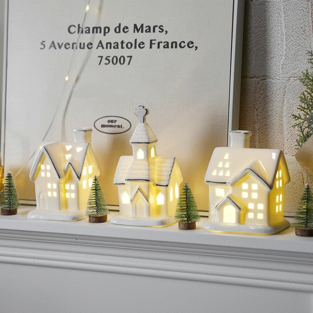 White Christmas Village Houses - 3Pcs Glazed Ceramic Houses with Trees | Light Up Xmas Decor Set