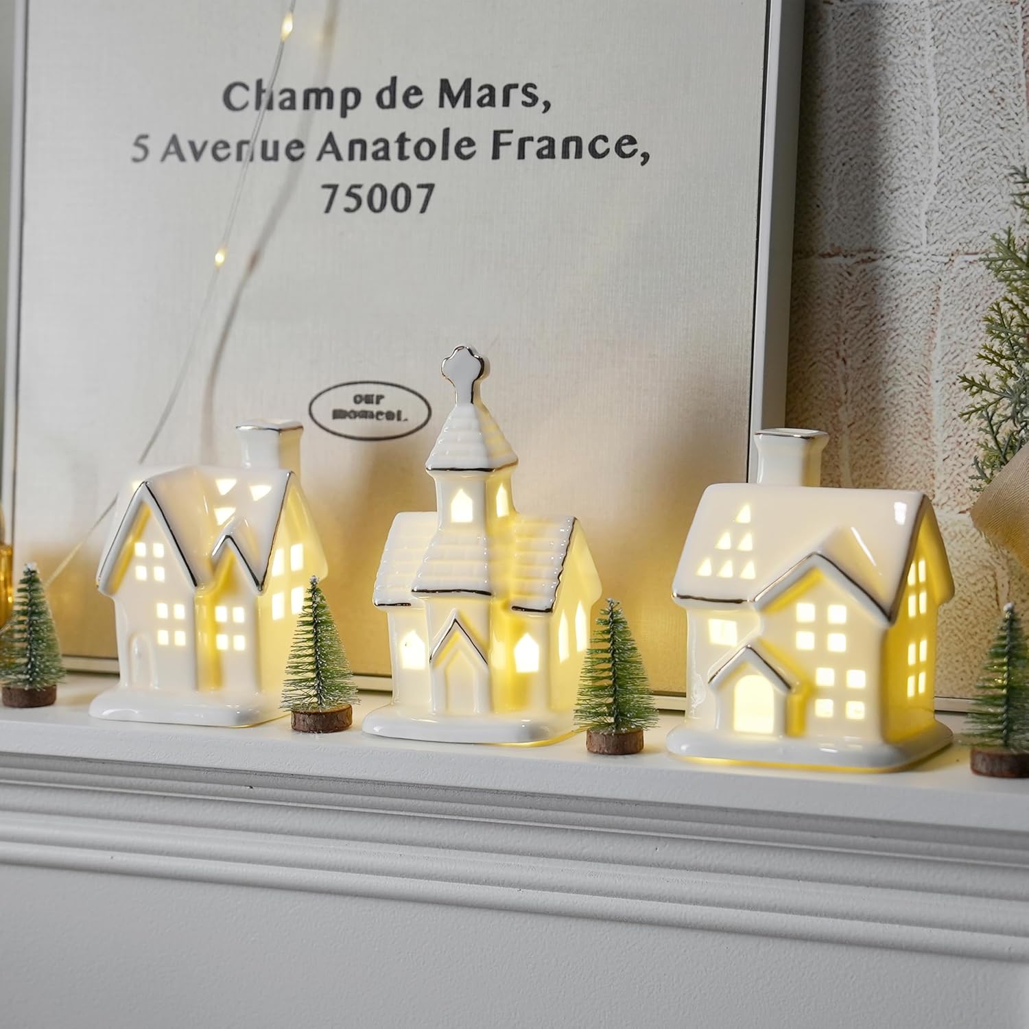 White Christmas Village Houses - 3Pcs Glazed Ceramic Houses with Trees | Light Up Xmas Decor Set