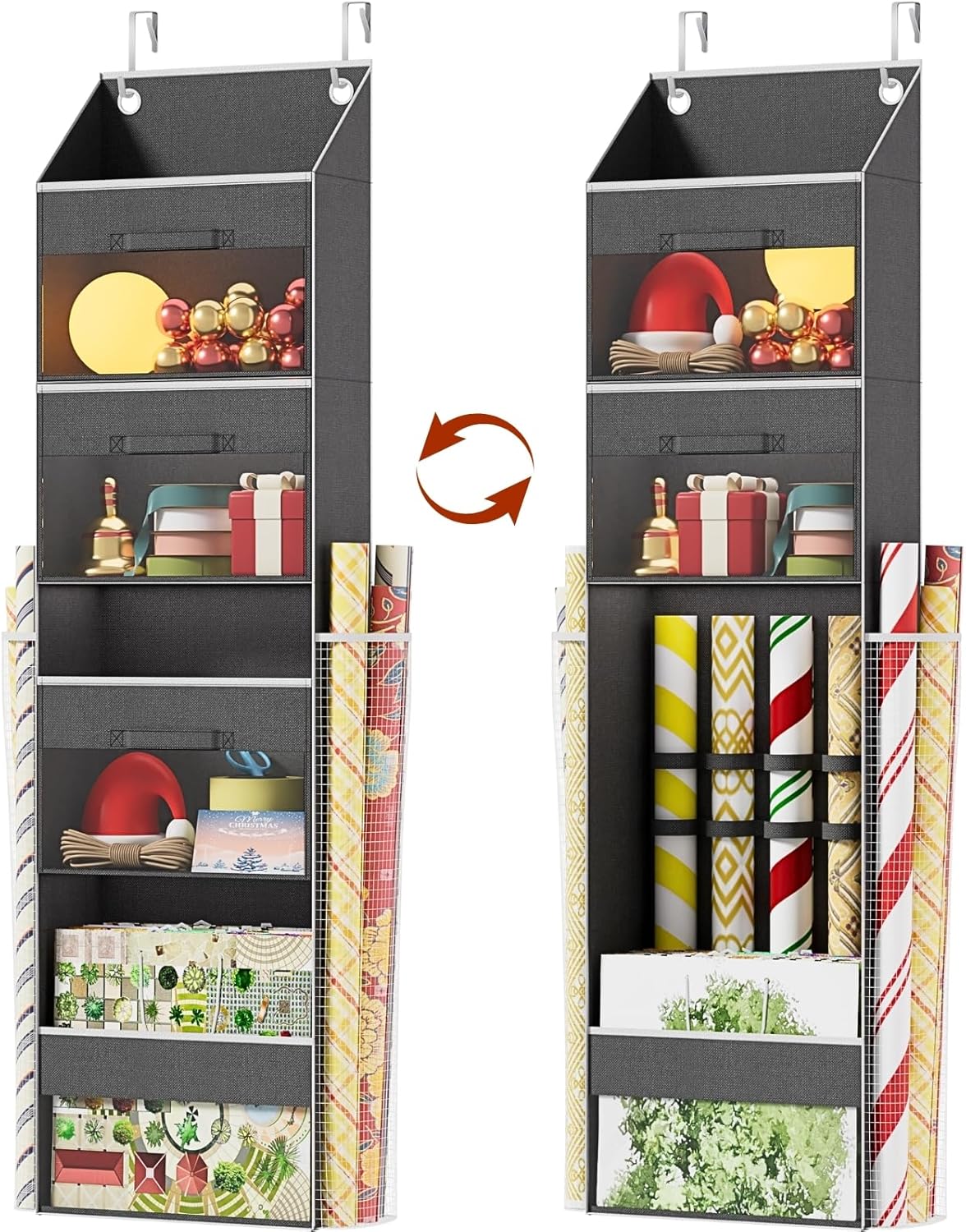 Skiennix Over Door Wrapping Paper Organizer - 3 Removable Drawers & Side Pockets | Christmas Gift Wrap Storage