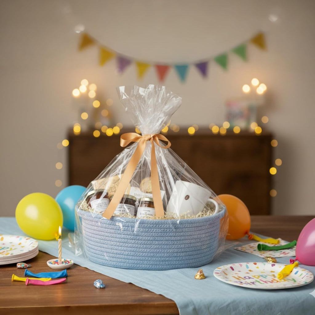 Small Woven Easter Basket - Decorative Rope Storage Organizer with Gift Bag & Ribbon | 12"x8"x5", Blue