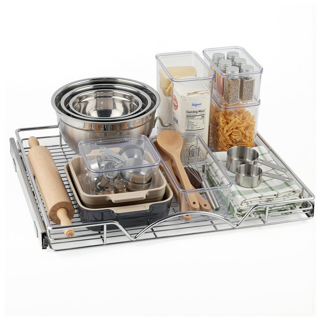 HOLDN’ STORAGE Pull Out Cabinet Organizer, Heavy Duty Caddy w/Lifetime Limited Warranty -26”W x 21”D - Requires At Least 27-1/4” Cabinet Opening, Steel Metal Cabinet Drawers Slide Out, Chrome