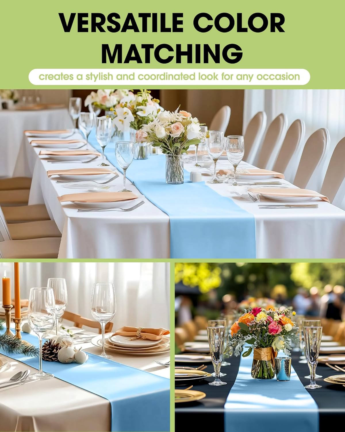 Pureegg Table Runners - Light Blue, 10 Pack, 14'' x 108'', Water Resistant & Disposable for Events