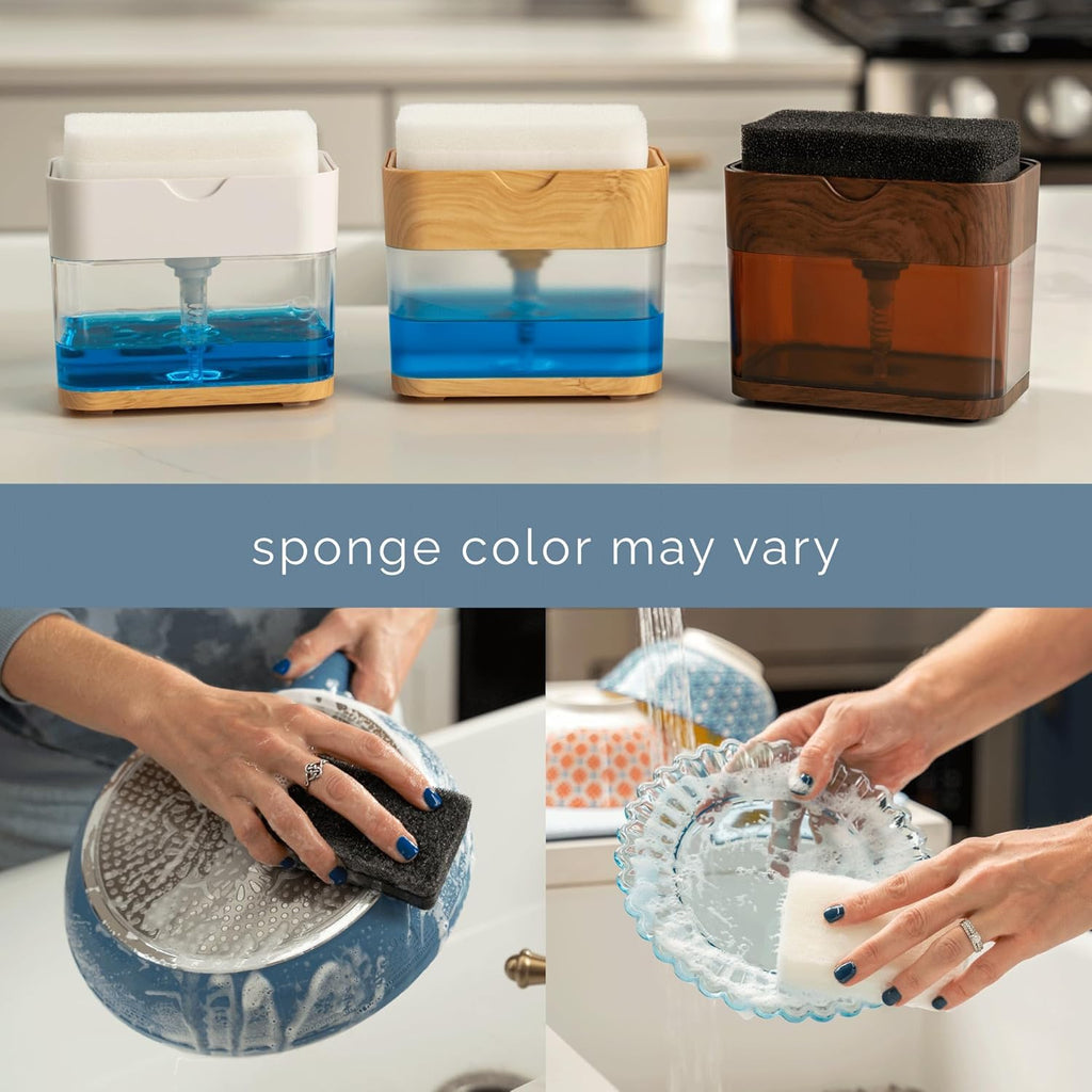 S&T INC. Dish Soap Dispenser - Waterproof Labels & Sponge Included | 13 Oz Plastic & Bamboo