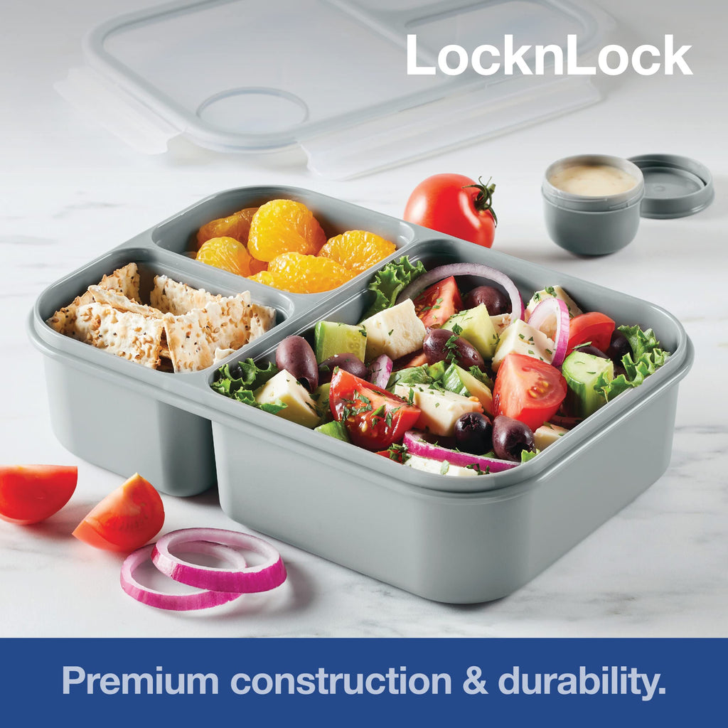 LocknLock LOCK & LOCK On the Go Meals Three Compartment Divided Lunch Box Container with Sauce Cup for School or Work, 50.7-Ounce, Gray