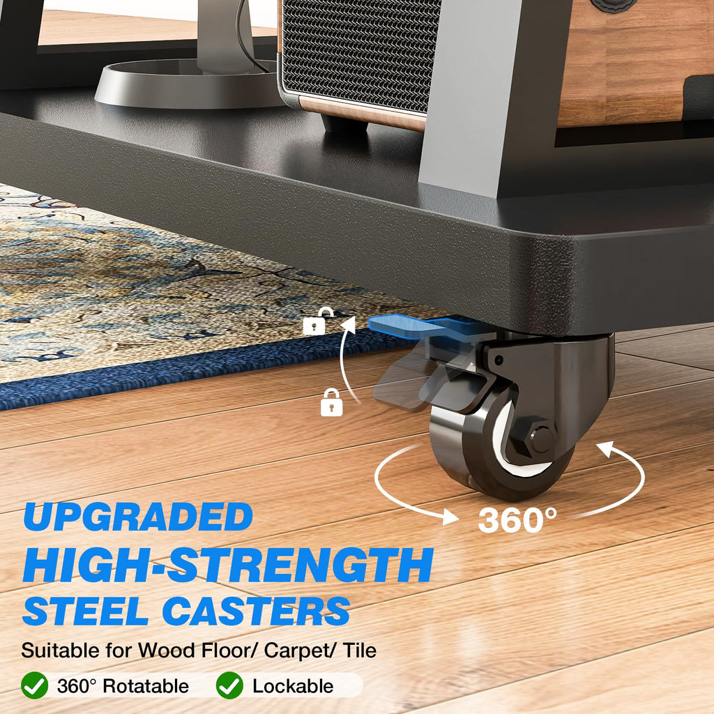 Rfiver Mobile TV Cart Rolling TV Stand for 37-75 inch TVs Up to 150lbs, Heavy-Duty Portable TV Stand on Wheels with 2-Tier Wooden Storage Shelves, Height Adjustable, Max VESA 600x400mm, Black